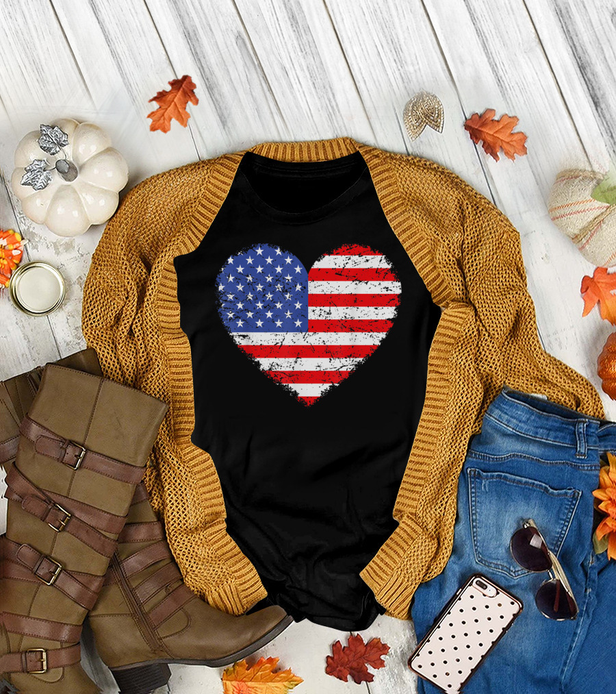 USA Flag Heart Red White Blue 4th July Stars Stripes T-Shirt