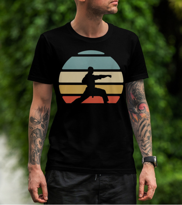 Karate Martial Arts Silhouette Retro Sunset Stripes T-Shirt