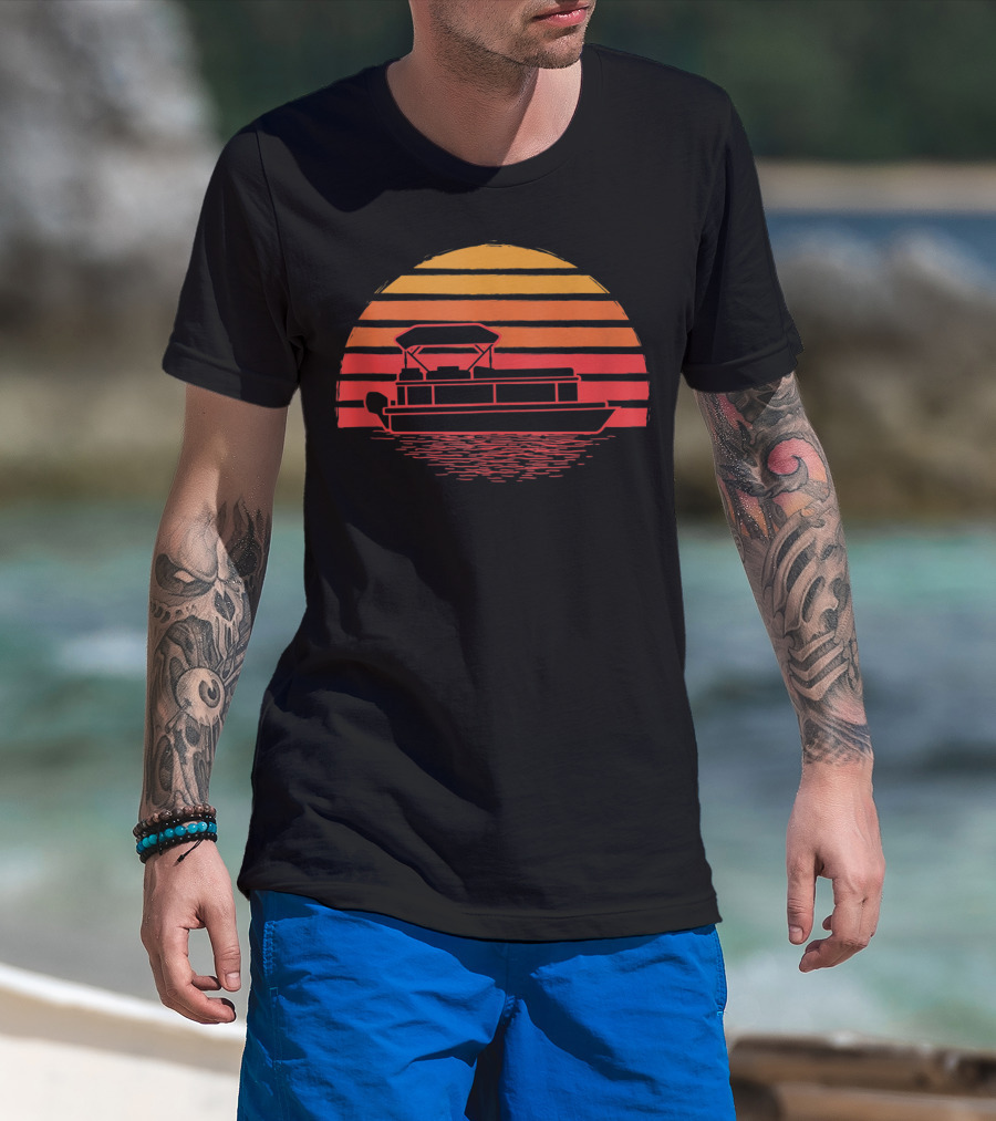 Vintage Sunset Pontoon Boat Silhouette Funny Boating T-Shirt