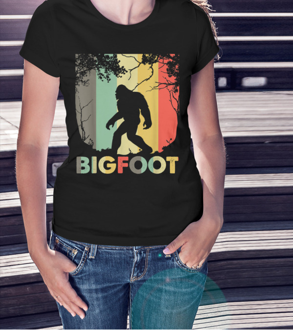 Bigfoot Silhouette Retro Forest Stripes T-Shirt