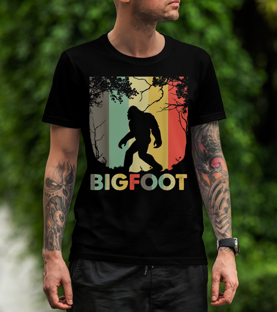 Bigfoot Silhouette Retro Forest Stripes T-Shirt