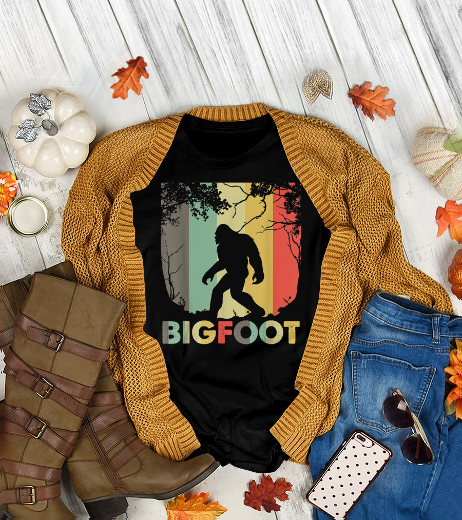 Bigfoot Silhouette Retro Forest Stripes T-Shirt