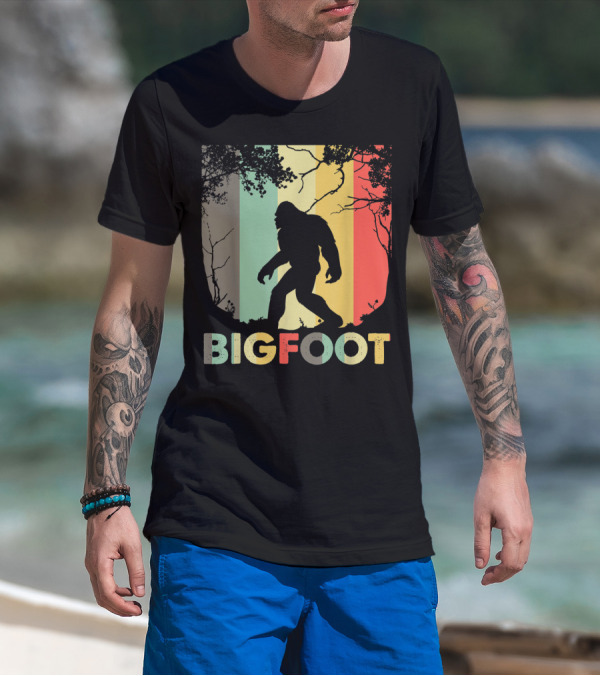 Bigfoot Silhouette Retro Forest Stripes T-Shirt