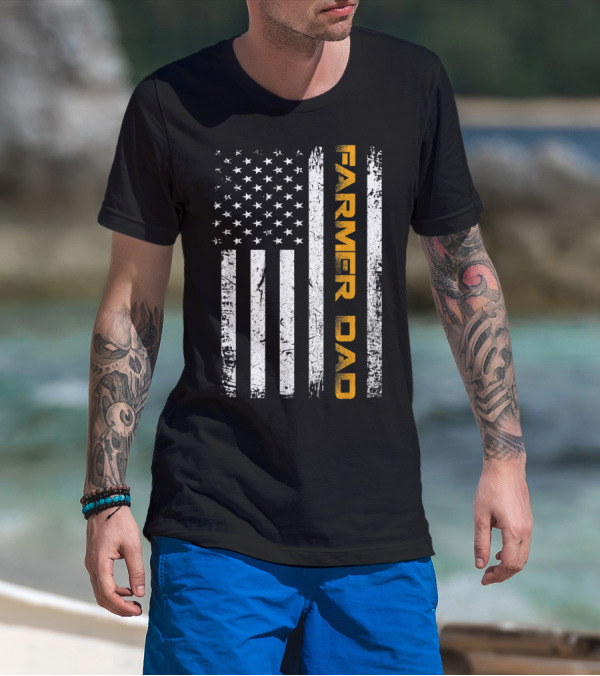 Vintage USA Flag Farmer Dad American Father T-Shirt