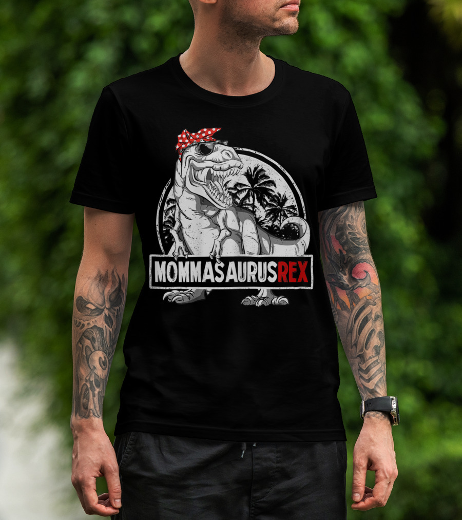 Mommasaurus Rex Dinosaur With Red Bandana And Palm Trees T-Shirt