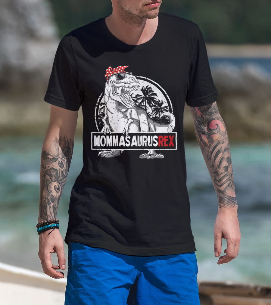 Mommasaurus Rex Dinosaur With Red Bandana And Palm Trees T-Shirt