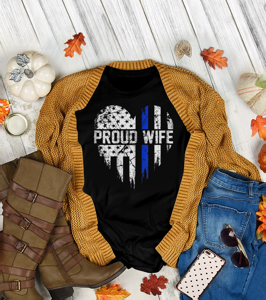 Proud Wife Thin Blue Line Heart American Police Flag T-Shirt