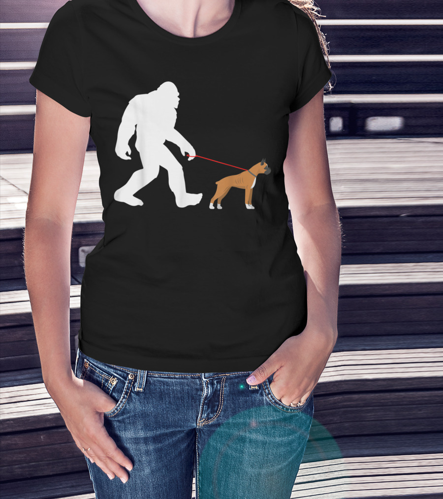 Bigfoot Sasquatch Walking Boxer Dog Novelty T-Shirt