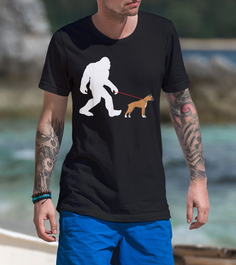 Bigfoot Sasquatch Walking Boxer Dog Novelty T-Shirt