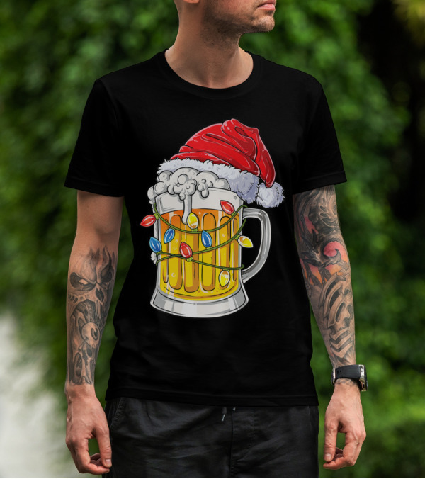 Beer Santa Hat Christmas Lights Holiday Cheer T-Shirt