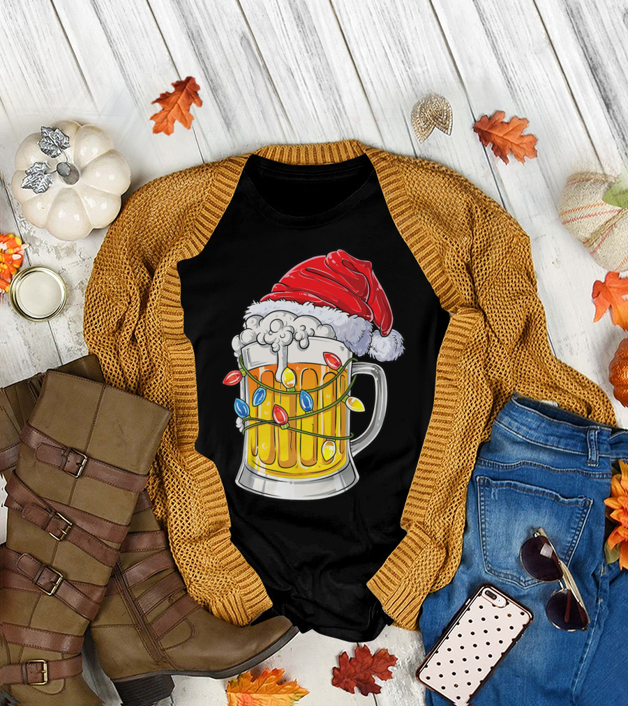 Beer Santa Hat Christmas Lights Holiday Cheer T-Shirt