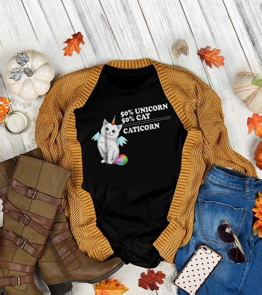 50% Unicorn 50% Cat Caticorn with Wings and Rainbow Tail T-Shirt