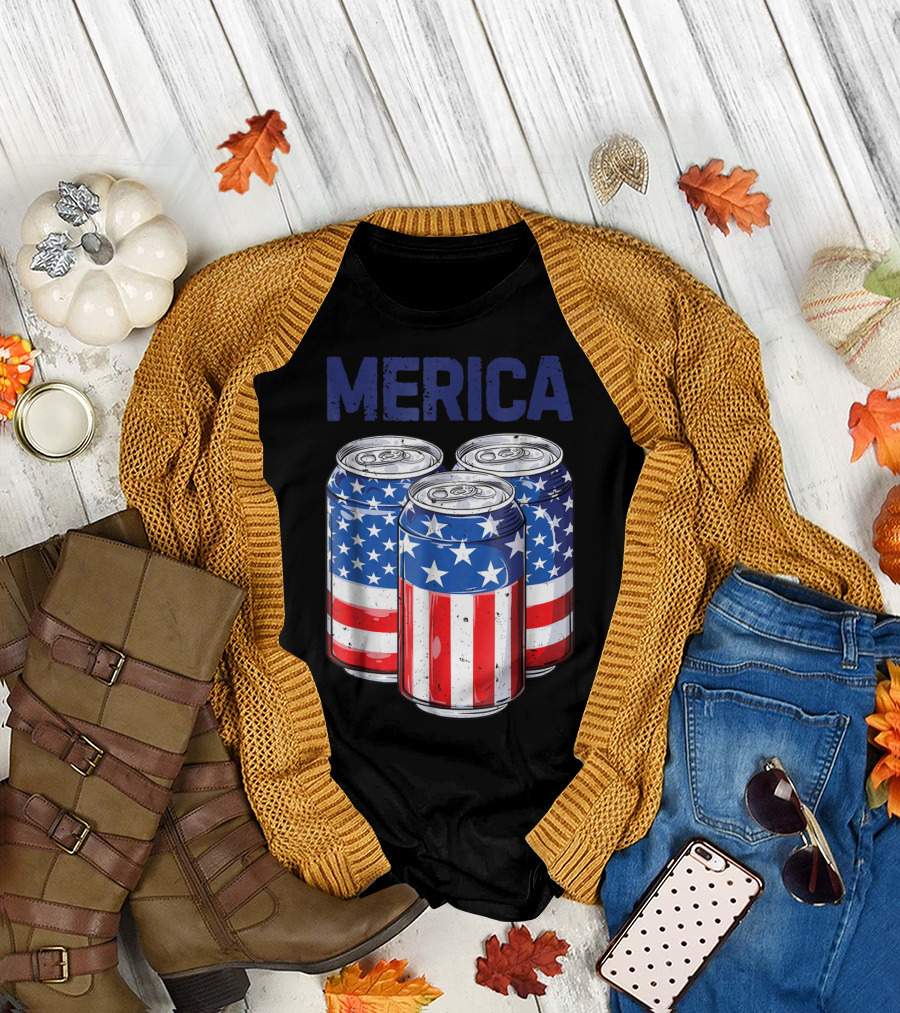 Merica Beer Cans American Flag 4th of July T-Shirt