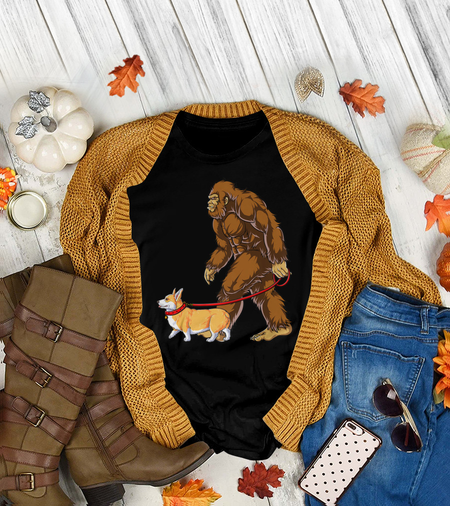 Bigfoot Walking Corgi Sasquatch Dog Walk T-Shirt