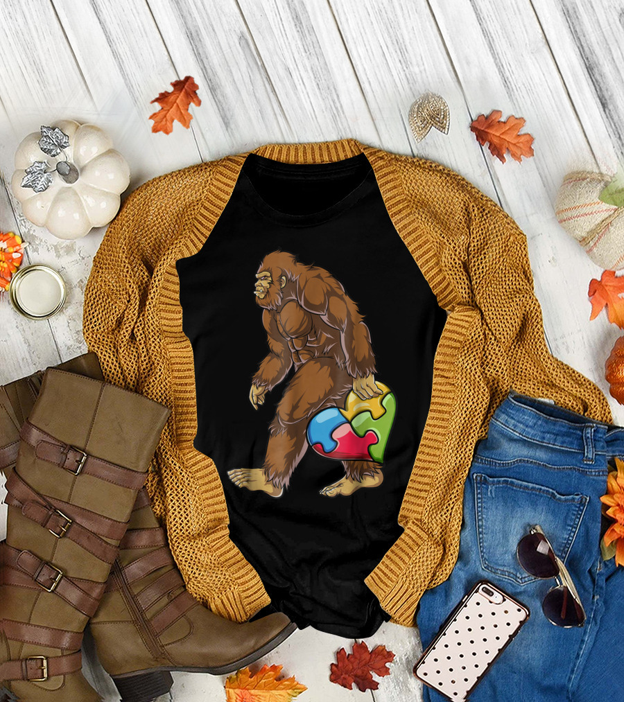 Bigfoot Carrying Heart Puzzle Piece Autism Awareness T-Shirt