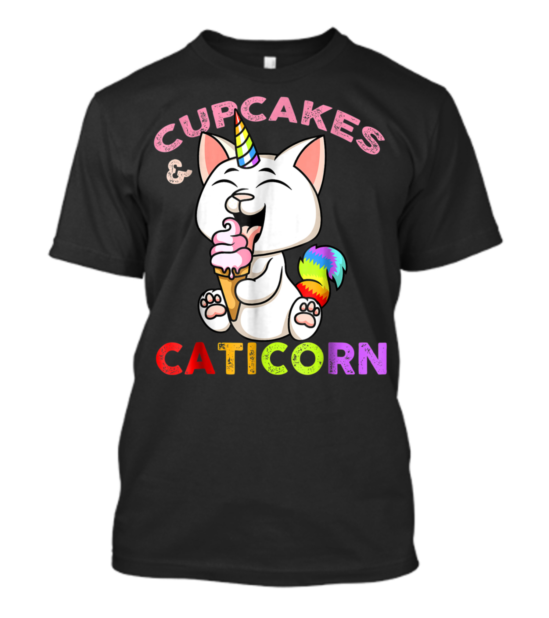 Cupcakes And Caticorn Rainbow Tail Unicorn Cat Eating Ice Cream Cone T-Shirt