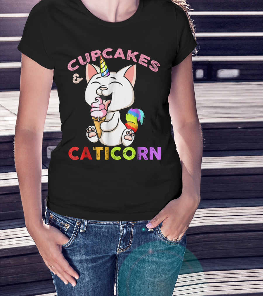 Cupcakes And Caticorn Rainbow Tail Unicorn Cat Eating Ice Cream Cone T-Shirt