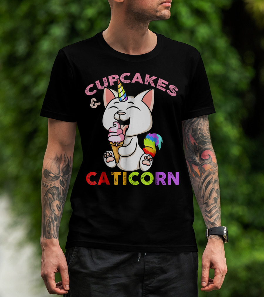 Cupcakes And Caticorn Rainbow Tail Unicorn Cat Eating Ice Cream Cone T-Shirt