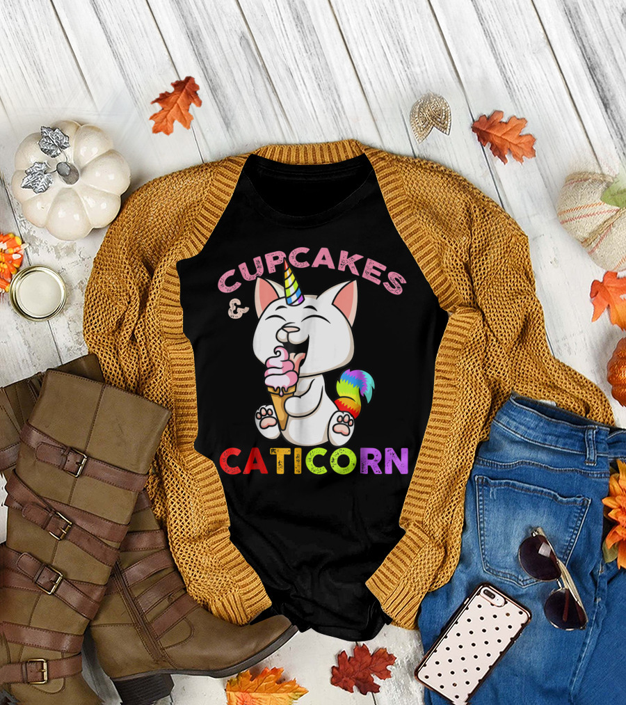 Cupcakes And Caticorn Rainbow Tail Unicorn Cat Eating Ice Cream Cone T-Shirt