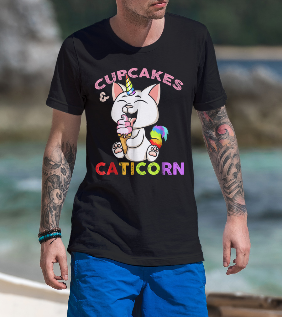 Cupcakes And Caticorn Rainbow Tail Unicorn Cat Eating Ice Cream Cone T-Shirt
