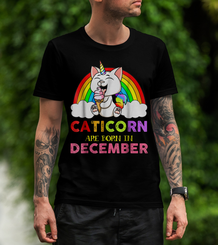 Caticorn Ice Cream Rainbow Are Born In December Cat Unicorn T-Shirt