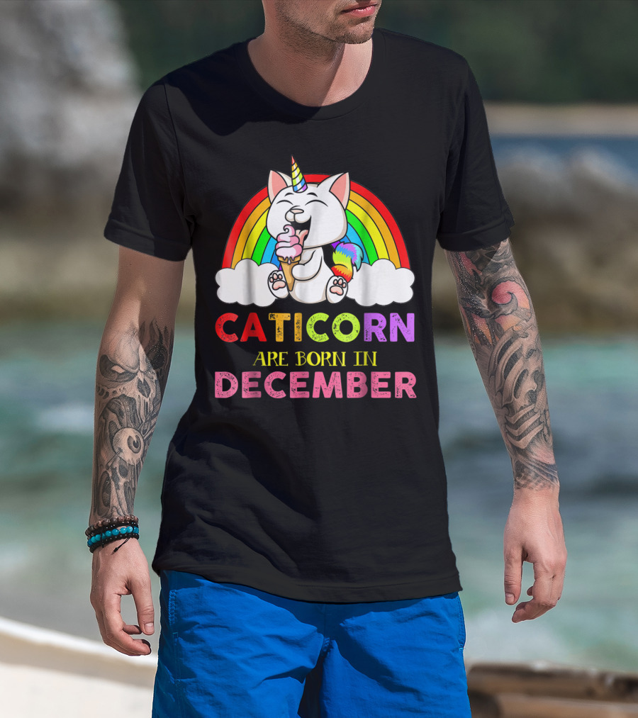 Caticorn Ice Cream Rainbow Are Born In December Cat Unicorn T-Shirt