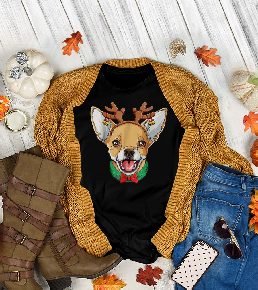 Chihuahua Christmas Reindeer Antlers Bowtie Dog Xmas LC T-Shirt