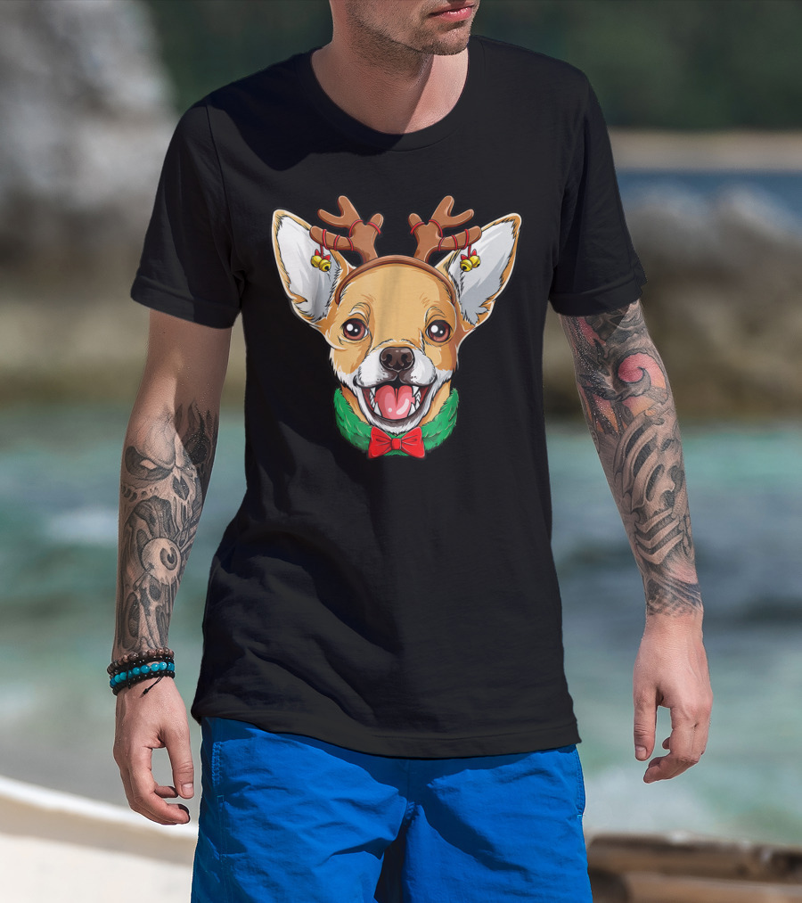 Chihuahua Christmas Reindeer Antlers Bowtie Dog Xmas LC T-Shirt