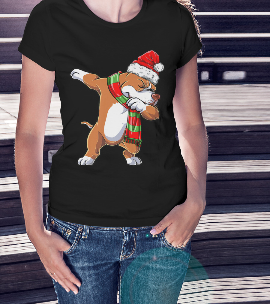 Christmas Boys Dabbing Pit Bull Santa Hat Scarf T-Shirt