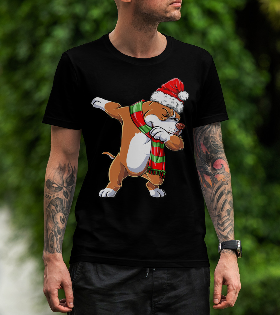 Christmas Boys Dabbing Pit Bull Santa Hat Scarf T-Shirt