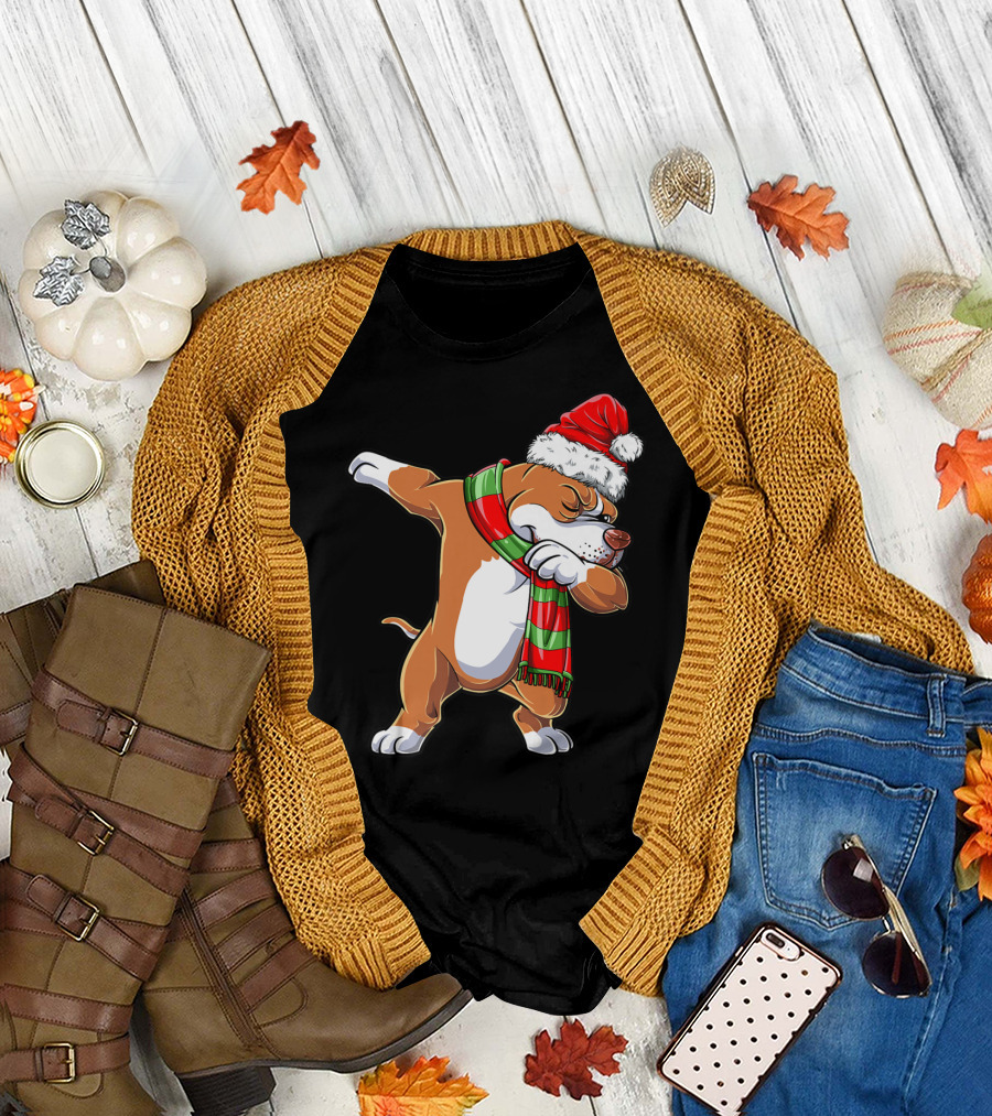Christmas Boys Dabbing Pit Bull Santa Hat Scarf T-Shirt