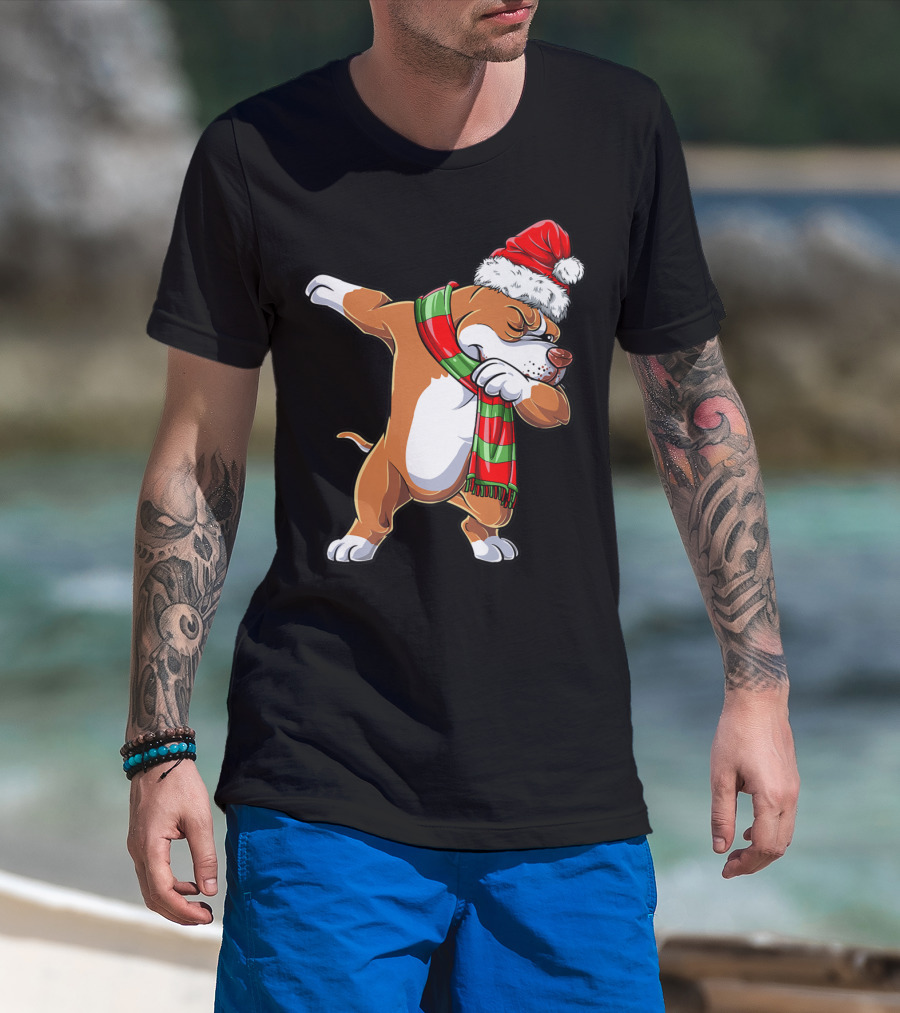 Christmas Boys Dabbing Pit Bull Santa Hat Scarf T-Shirt