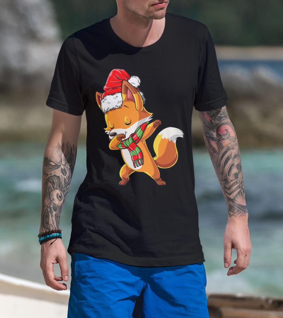 Christmas Dabbing Fox Santa Hat Scarf T-Shirt