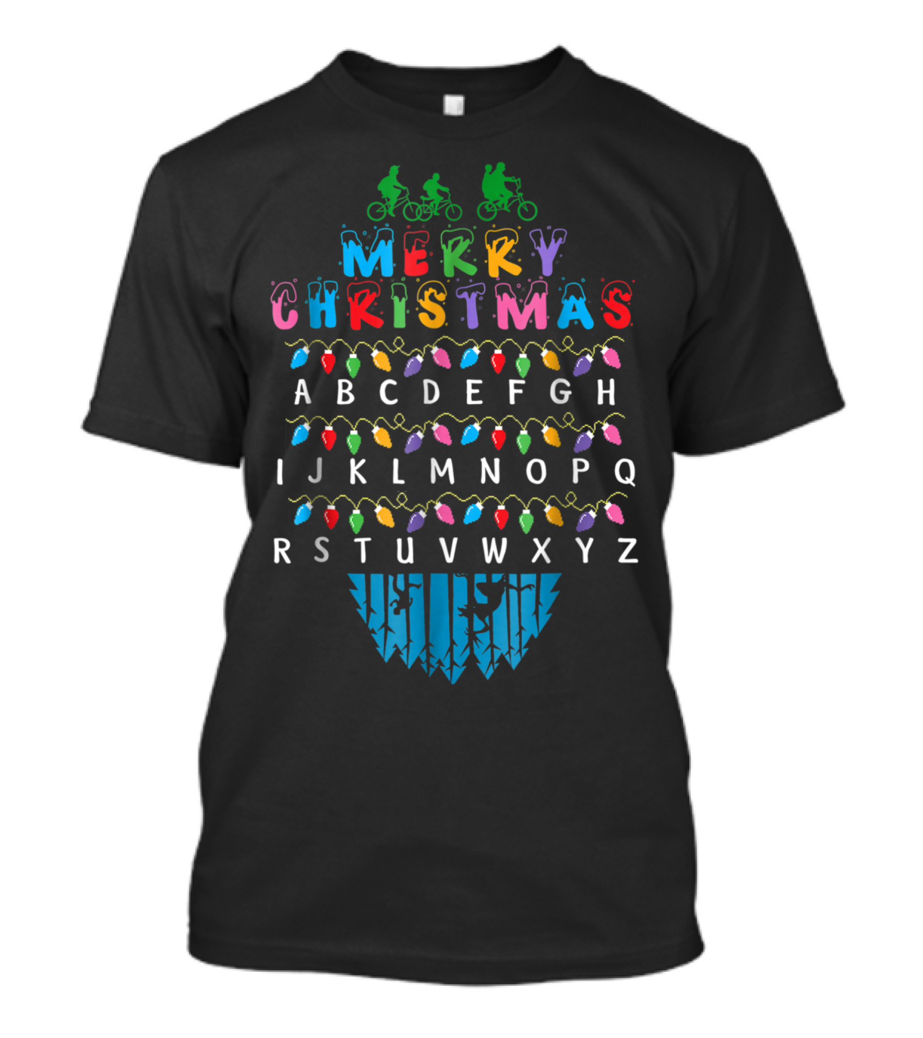 Merry Christmas Lights Alphabet Upside Down Bicycles Phrase T-Shirt