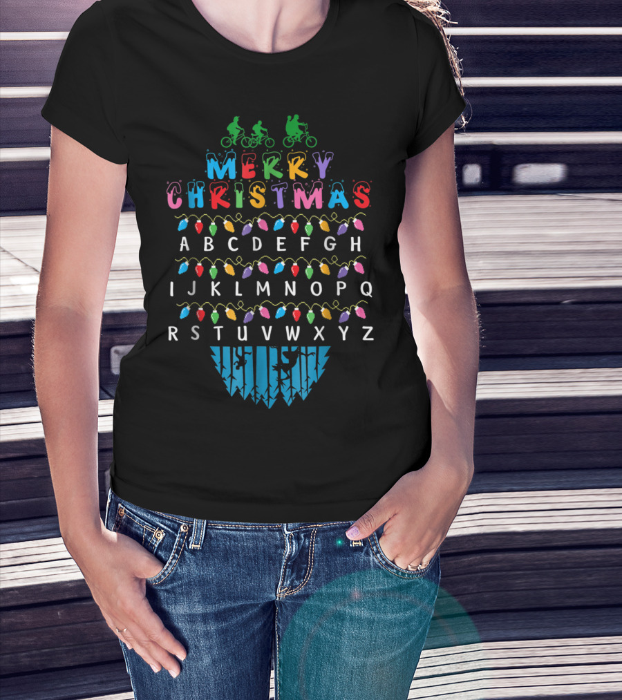 Merry Christmas Lights Alphabet Upside Down Bicycles Phrase T-Shirt