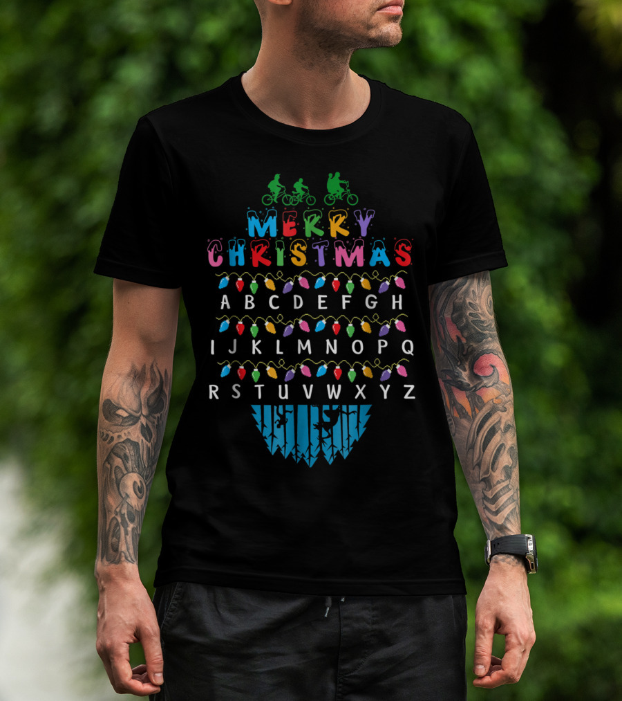 Merry Christmas Lights Alphabet Upside Down Bicycles Phrase T-Shirt