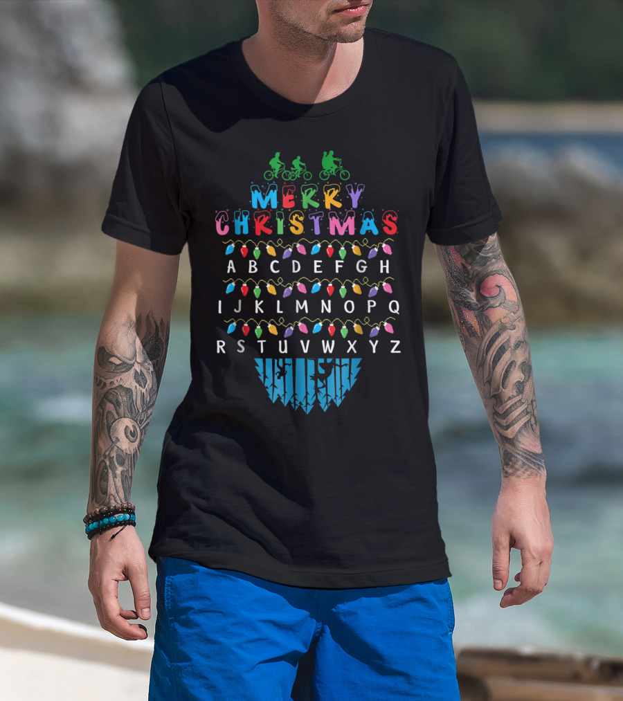 Merry Christmas Lights Alphabet Upside Down Bicycles Phrase T-Shirt