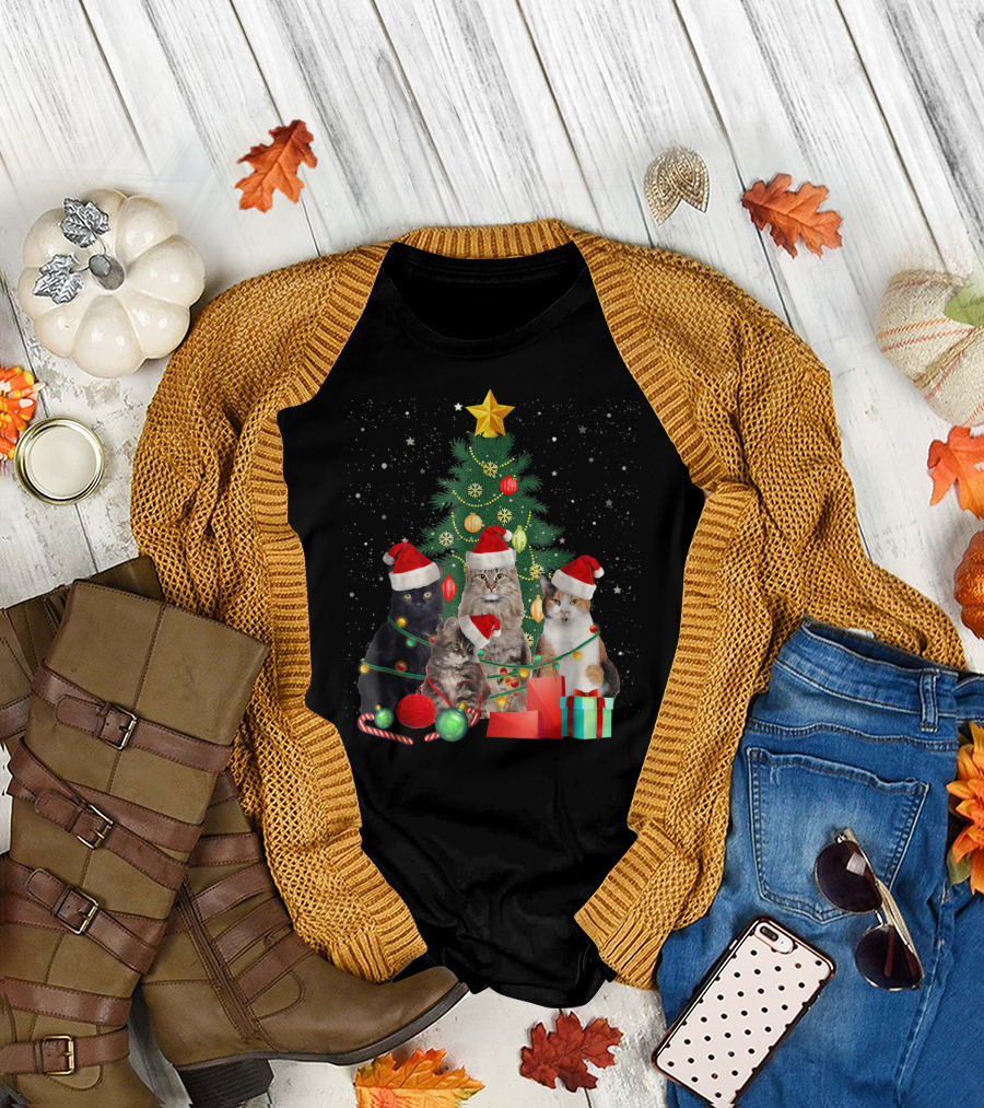 Meowy Christmas Funny Cat Tree with Santa Hats and Presents T-Shirt