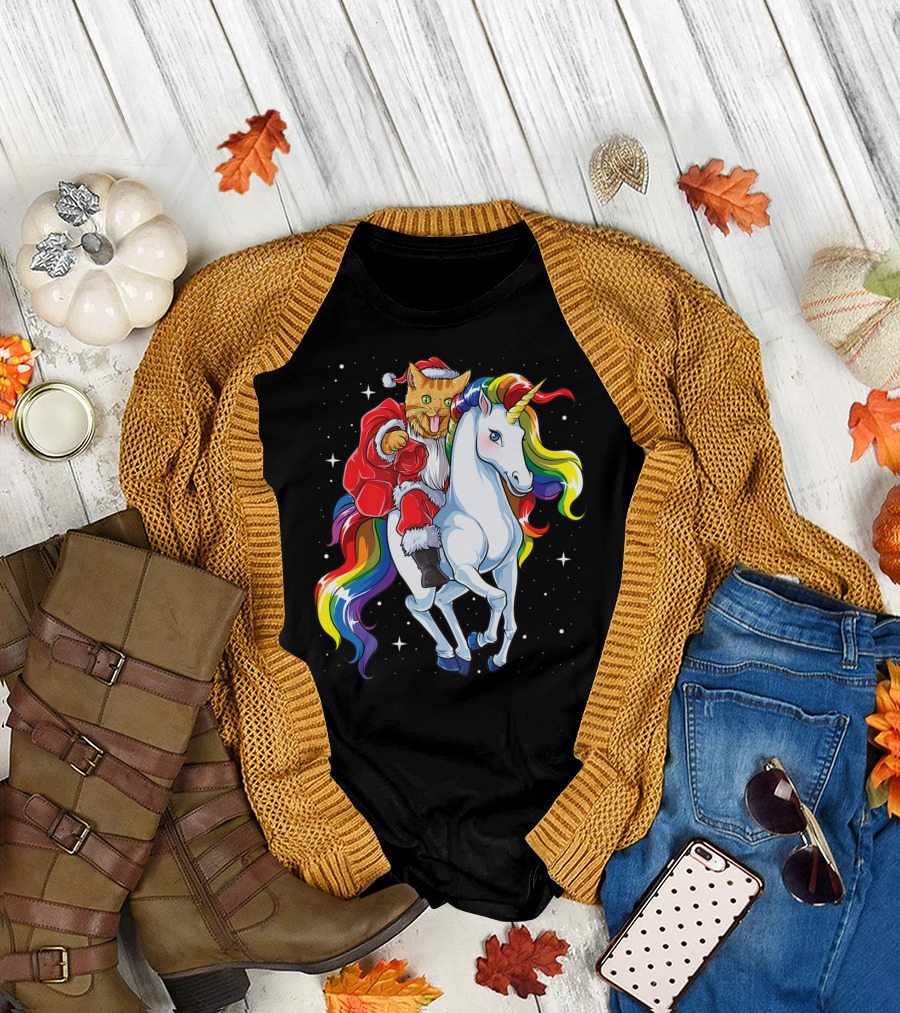 Santa Cat Riding a Rainbow Unicorn T-Shirt