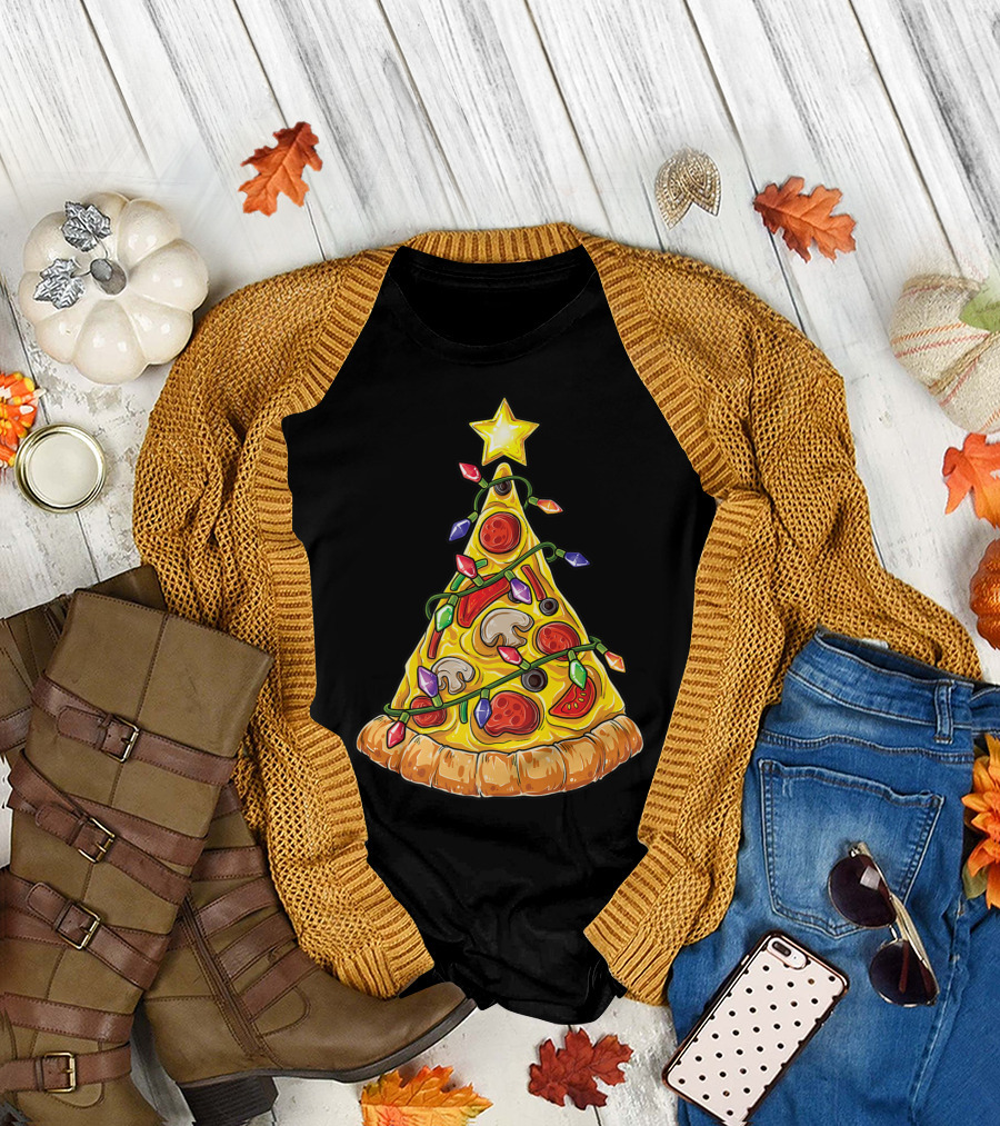 Christmas Pizza Tree with Star and Lights T-Shirt