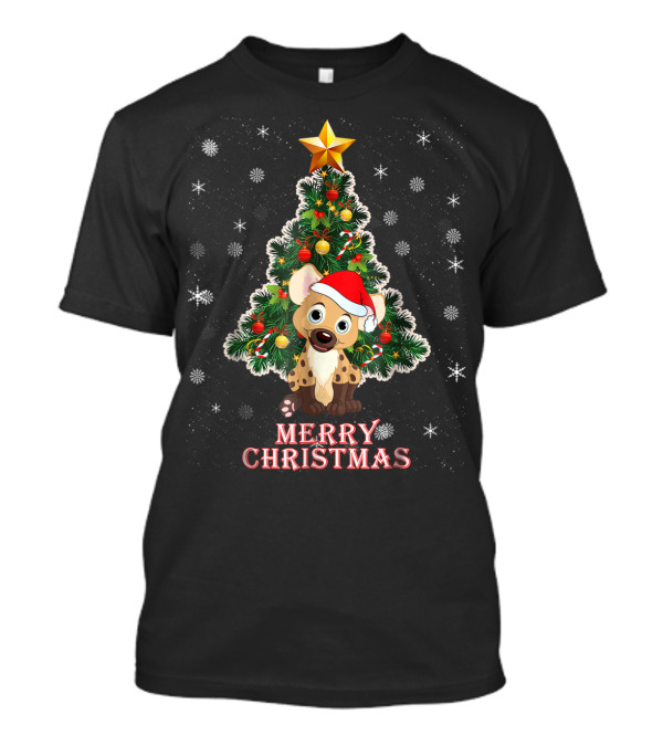 Merry Christmas Cute Hyena With Xmas Tree And Santa Hat T-Shirt