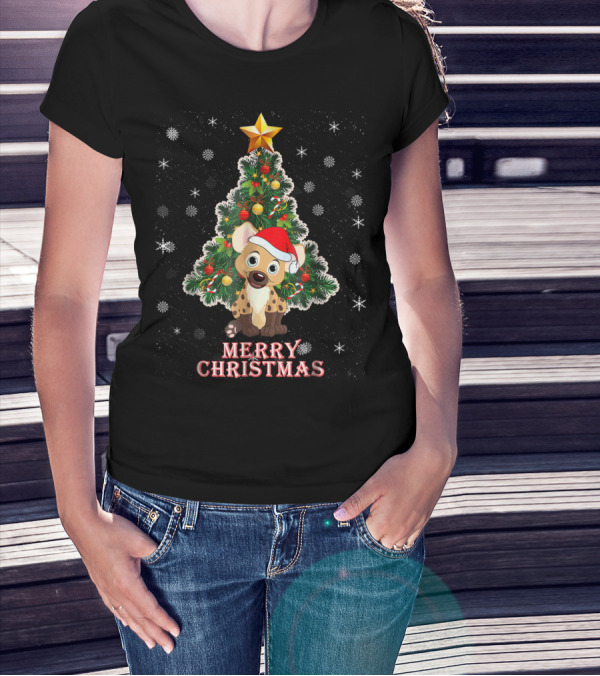 Merry Christmas Cute Hyena With Xmas Tree And Santa Hat T-Shirt