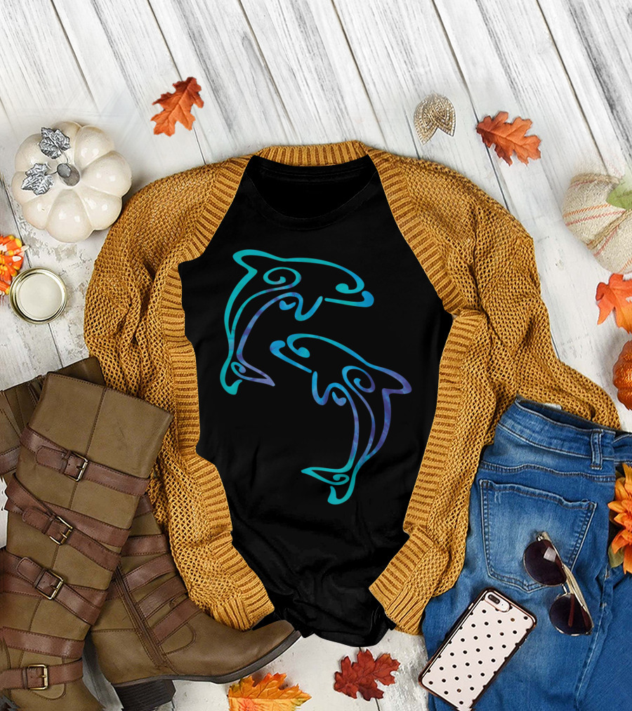 Tie Dye Dolphins Swimming Blue Green T-Shirt