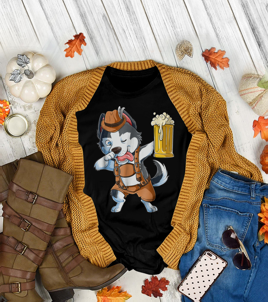 Dabbing Siberian Husky Oktoberfest Lederhosen Beer Mug T-Shirt