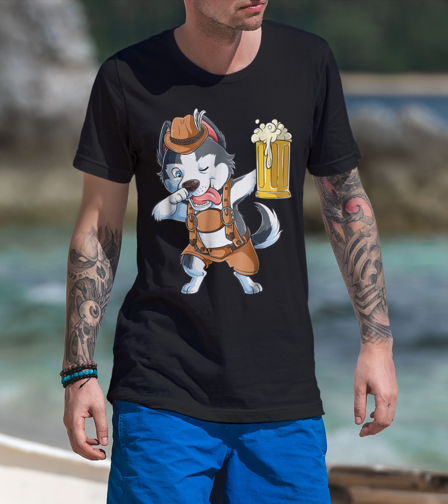 Dabbing Siberian Husky Oktoberfest Lederhosen Beer Mug T-Shirt