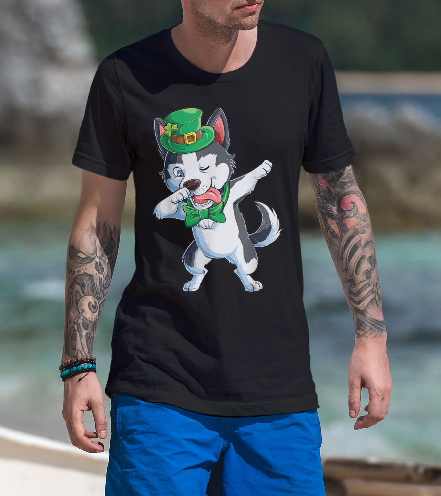 St. Patrick's Day Dabbing Siberian Husky With Green Hat And Bow Tie T-Shirt