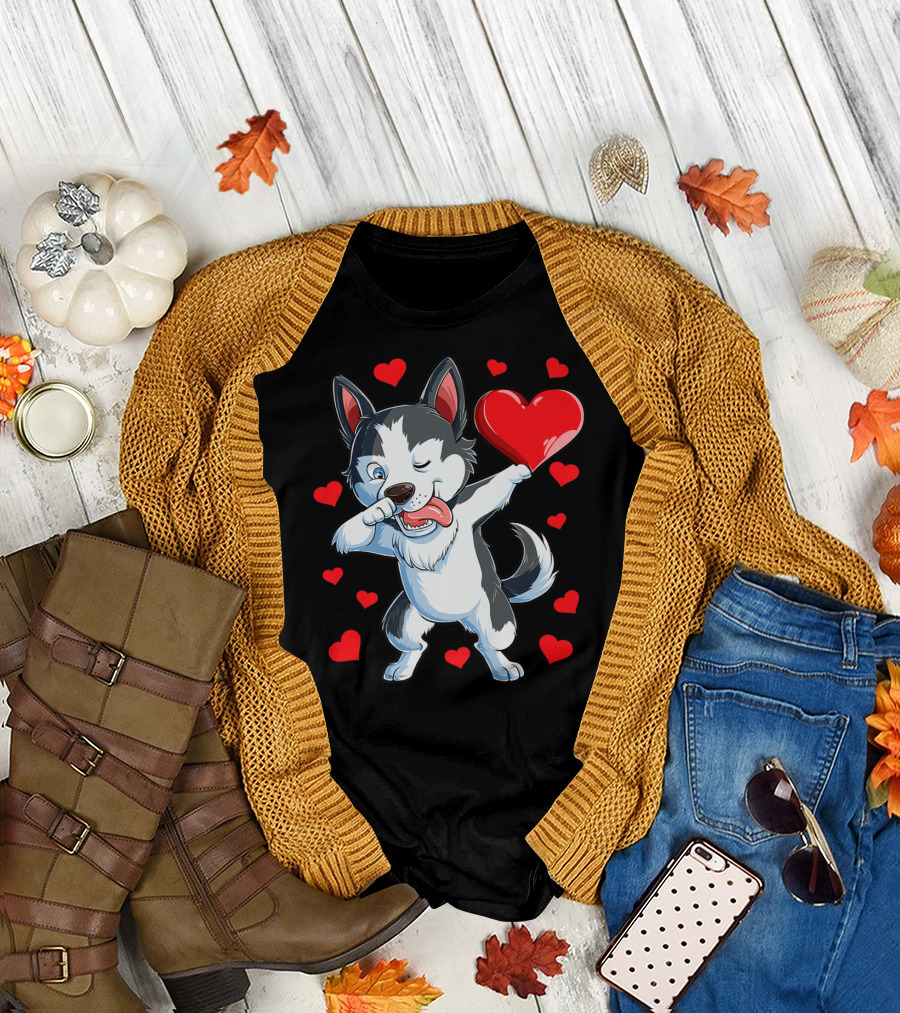 Dabbing Siberian Husky Holding Heart Surrounded by Red Valentine Hearts T-Shirt