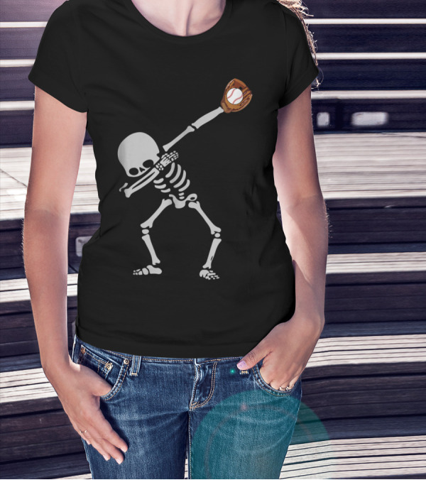 Dabbing Skeleton Catching Baseball Halloween T-Shirt