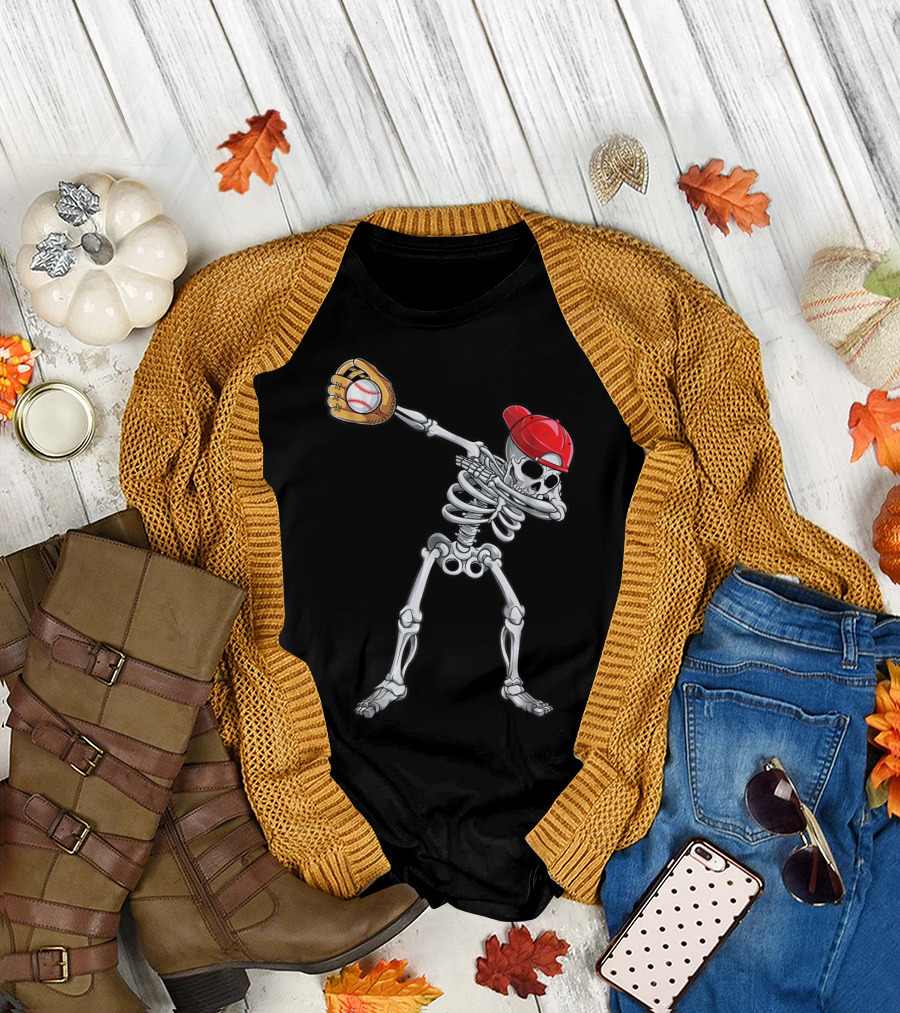 Dabbing Skeleton with Baseball Glove and Cap T-Shirt