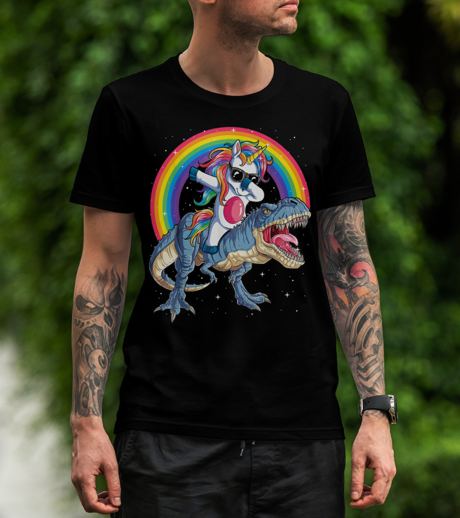 Dabbing Unicorn Riding T-Rex Under Rainbow In Space T-Shirt